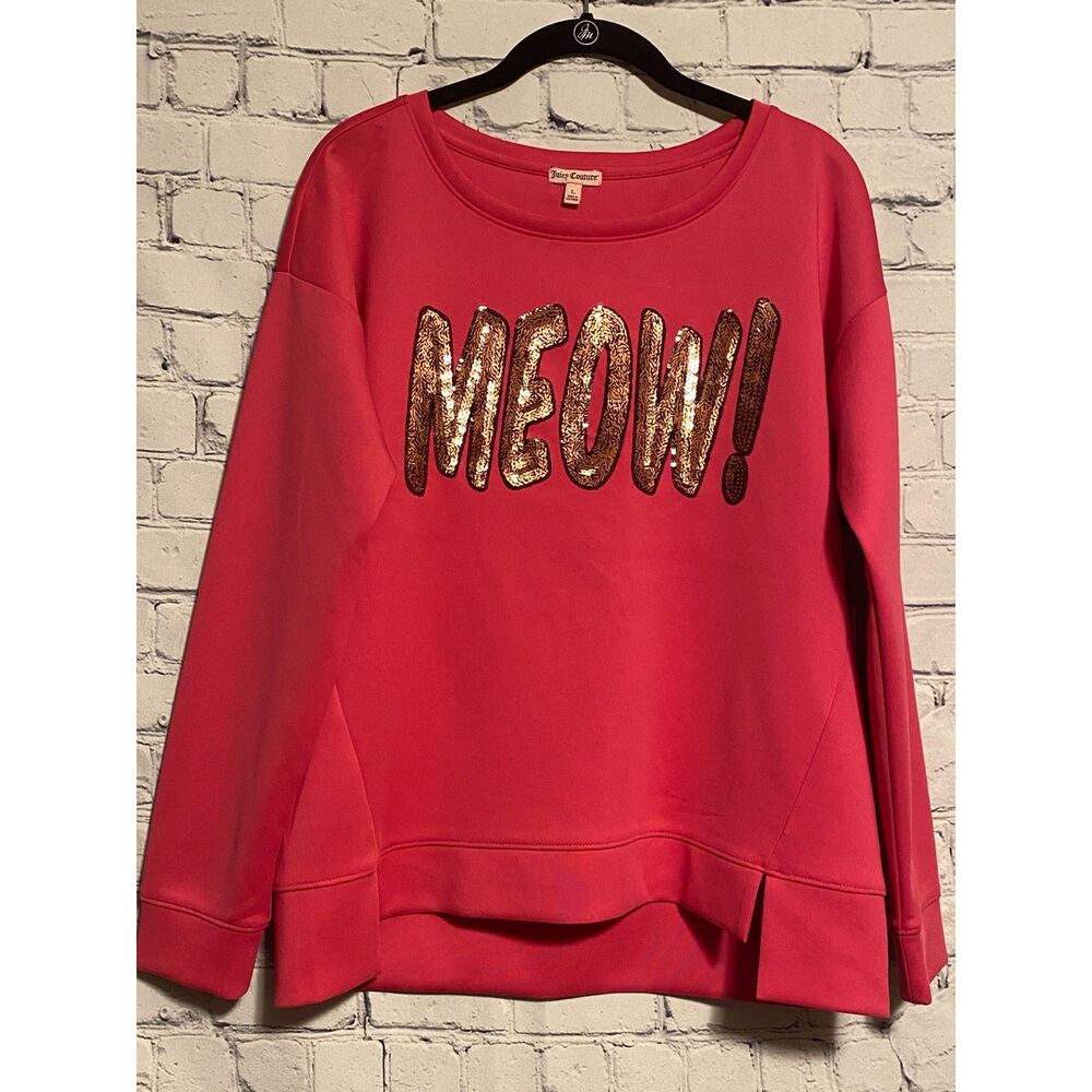 Juicy Couture Bright Pink MEOW! Pullover Size L Sequins NWT